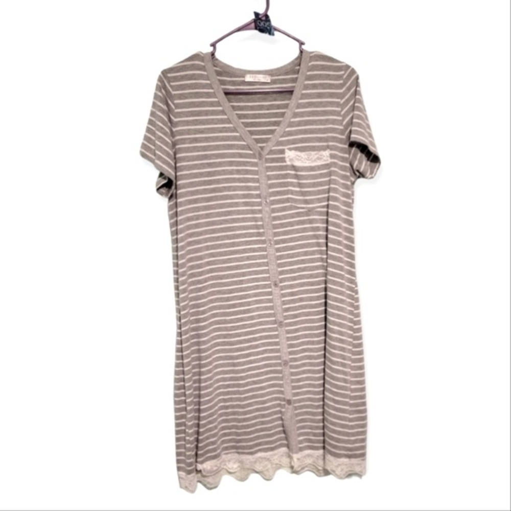 Ekouaer Gray & White Stripe Lace Trim Button Up Sleep Dress Size Medium